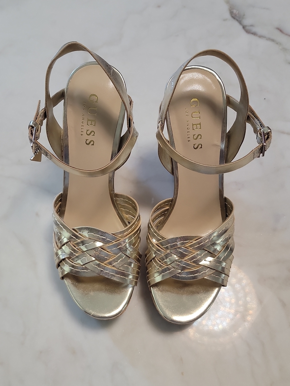 GUESS Gold Woven Strappy Slingback Heels